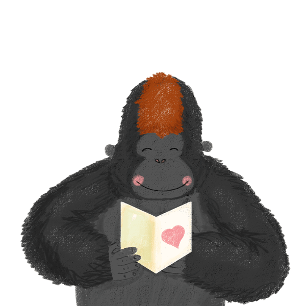Gorilla reading a card with a heart on the front of it. He looks up surprised every other second.