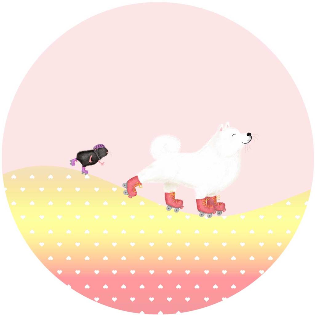 Illustration of an American white Eskimo dog and a guinea pig, both wearing rollerskates.